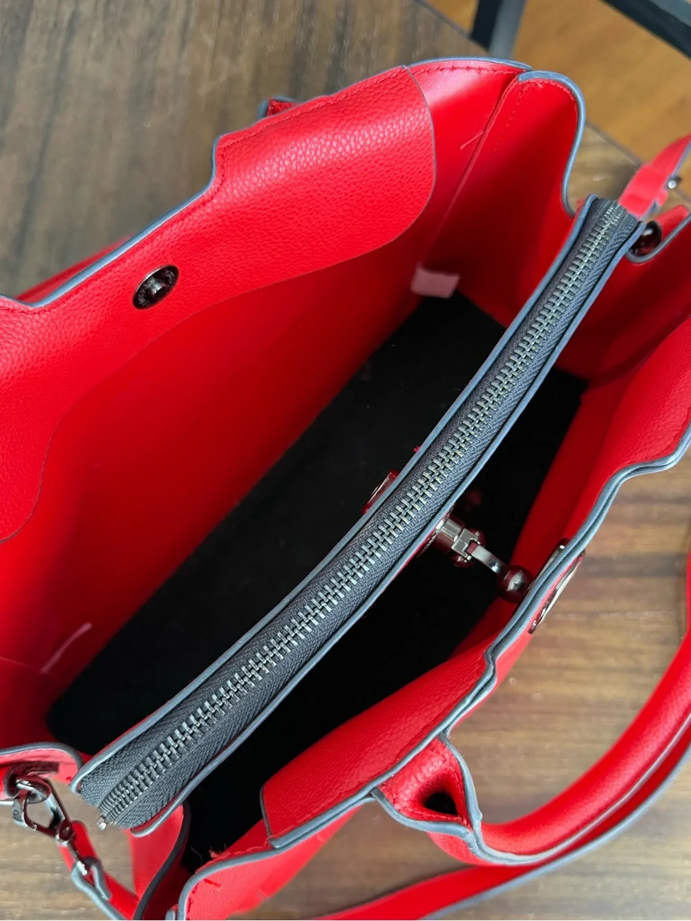 Red Pebbled Leather Satchel with Turn-Lock Accent